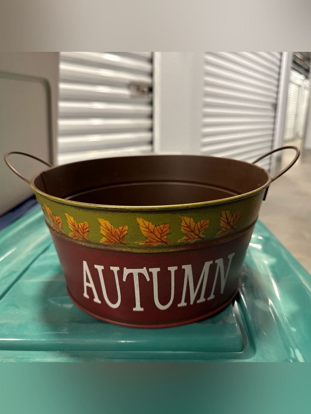 AUTUMN Metal Decorative Tub - Brown & Green Fall Accent